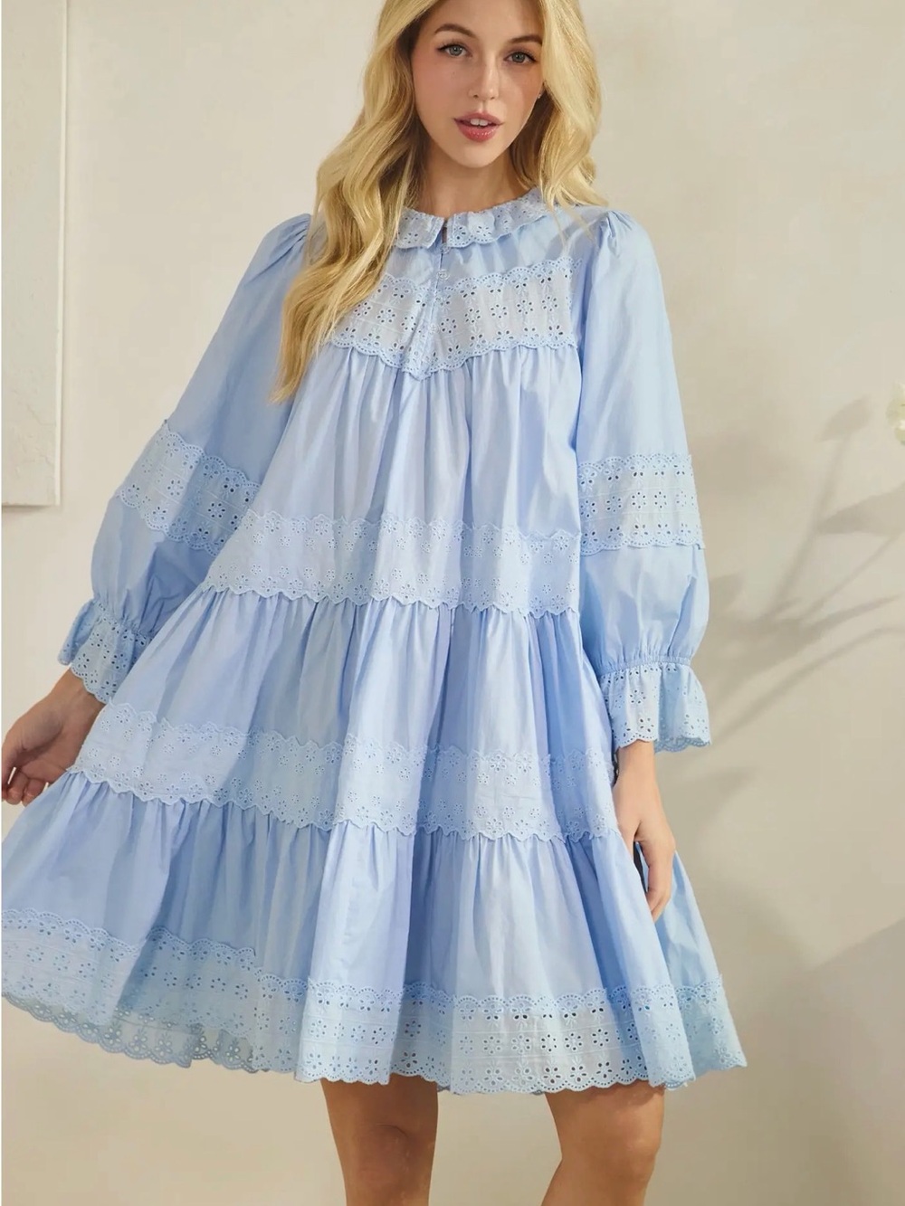 New Sage+Fig Light Blue Eyelet Tiered Babydoll Dress Sizes S/M/L Cotton
